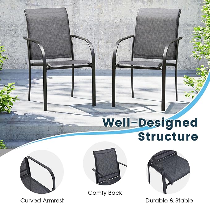 9 Pieces Patio Dining Set, 71" Rectangular Dining Table with Umbrella Hole, 8 Stackable Textilene Fabric Chairs, Metal Structure for Patio, Porch, Garden(Grey Table, Black Chair)