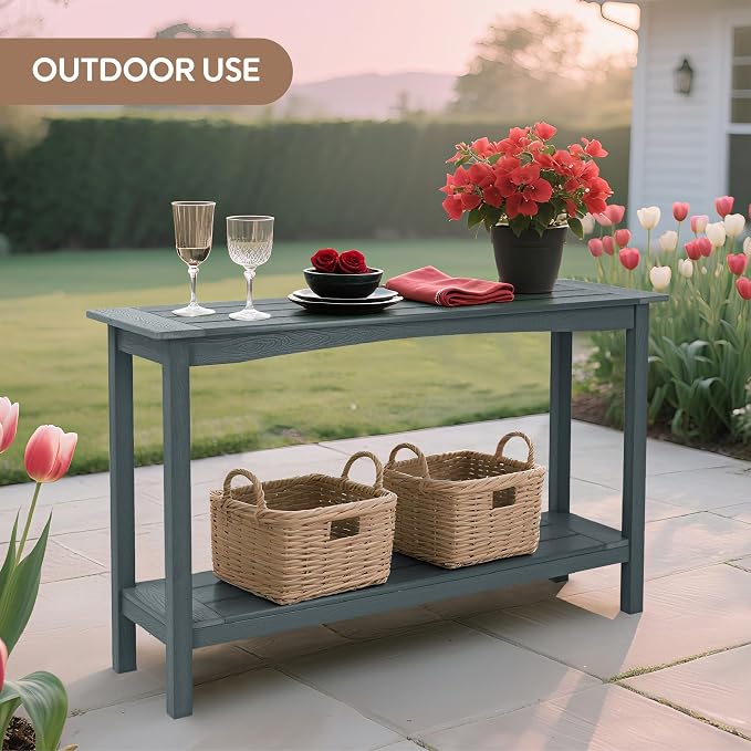 Weatherproof HIPS Outdoor Console Table, 48'' 2-Shelf Side Table Indoor/Outdoor Use, Multifunctional Buffet Table Bar Storage Organizer for Entryway, Patio, Outside Plant Stand Table, Grey