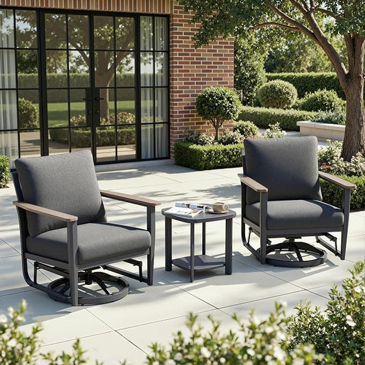 3-Piece Patio Rocking Swivel Chair Outdoor Aluminum Bistro Set with Coffee Table, Outdoor Patio Furniture Set with High Backrest & Thickened Cushions for Garden, Deck and Balcony, Dark Grey