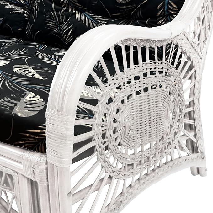 Malibu Lounge Set of 4: 2 Natural Rattan Wicker Chairs, Three-Seater Sofa and Coffee Table with Glass Handmade, White Color with Black Leaf Cushions