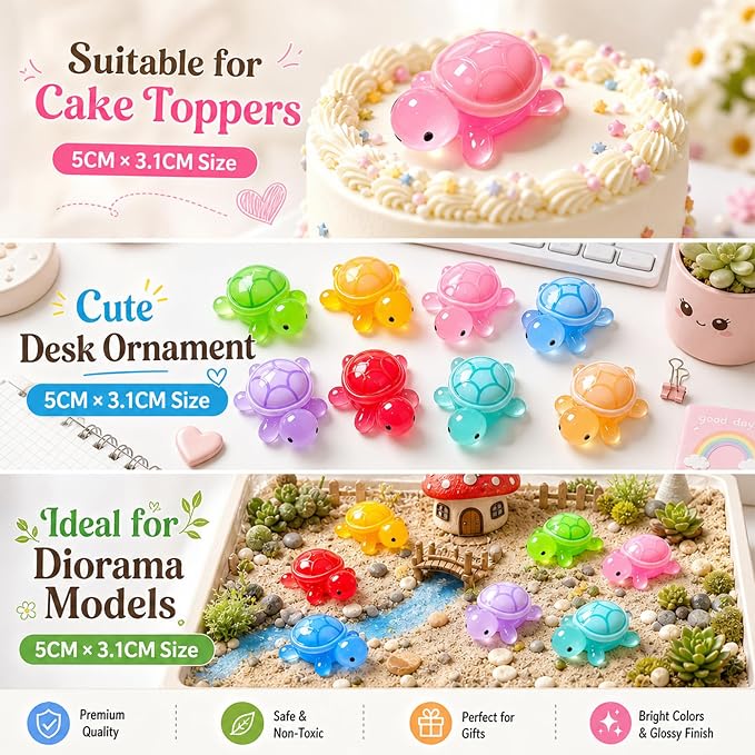 30 Pcs Medium Glow in The Dark 3D Resin Turtles Miniature | Garden Figurines, Accessories for decorating DIY Dollhouse Fish Tank Fridge Wall Art, Safe, Durable, Non Fading, 10 Colors