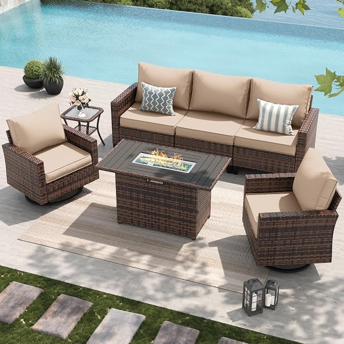 Amopatio Patio Furniture Set with Fire Pit Table, Wicker Outdoor Sectional Sofa with Swivel Rocker Chairs, All-Weather Rattan Conversation Set, Waterproof Cover for Backyard, Deck Brown/Khak 5 PCS