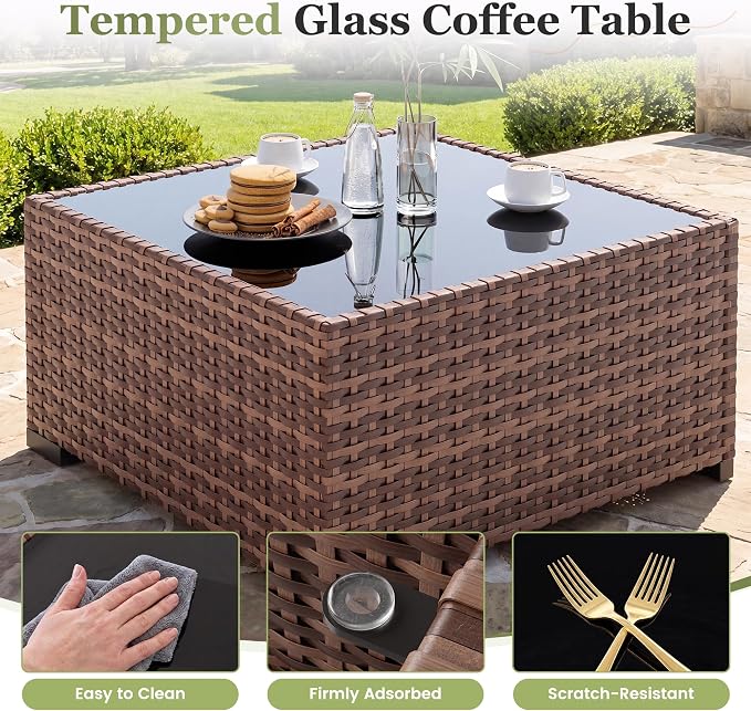 Amopatio Patio Furniture Sets, 7 Pieces Outdoor Rattan Sectional with Glass Table and Cushions,Wicker Patio Conversation Set for Outdoor Indoor Backyard Lawn Garden Porch (Grey)