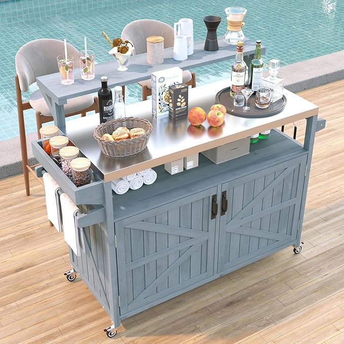RUNNA Outdoor Kitchen Island with Raised Shelf,Solid Wood Storage Cabinet with Stainless Steel Top,Outdoor Rolling Grill Cart with Internal Storage Rack, Adjustable Shelf,Spice Rack (Grey+Blue#028)