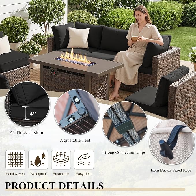 Patio Furniture Set with Fire Pit Table 5 Piece All Weather PE Rattan Outdoor Sectional Sofa Couch with 4 x arm Sofa, No-Slip Cushions for Garden, Poolside, Backyard (Black)