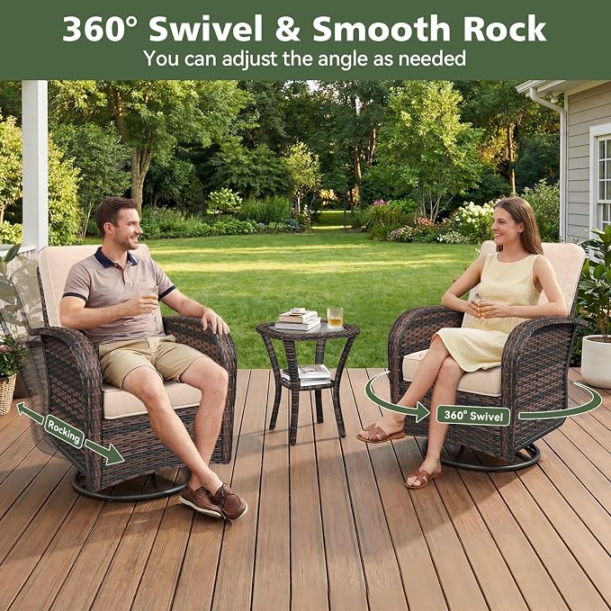 Aoxun 13 Piece Outdoor Patio Furniture Set with 44'' Fire Pit Table, Wicker Rattan Outdoor Furniture with High Back Swivel Rocker Chairs, Outdoor Conversation Set with Thick Cushion & Ottoman, Beige