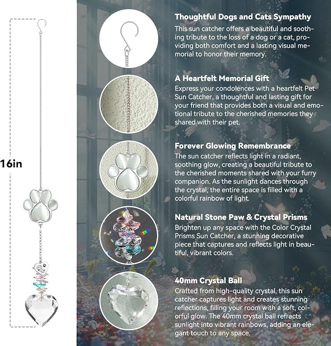 Dog Memorial Gifts, Pet Memorial Suncatcher, Loss of Dog Sympathy Gift | Thoughtful Dogs and Cats Bereavement Remembrance Gifts, Natural Cat's Eye Stone Paw Crystal Suncatcher