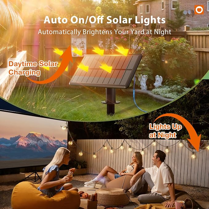 addlon 25FT Solar Powered Outdoor String Lights Waterproof with Remote G40 | Solar Powered String Lights with 13 LED Shatterproof Bulbs, 3 Light Modes, Dimmable Solar Lights for Outside Bistro Cafe