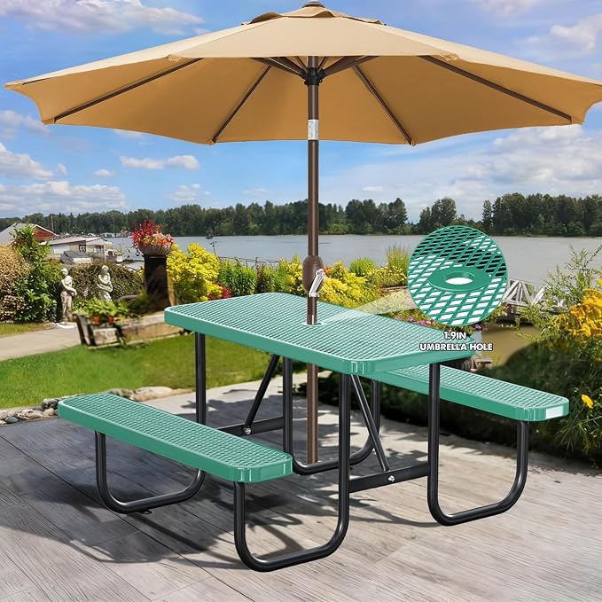 4FT Rectangular Outdoor Picnic Table with Attached Benches, Heavy-Duty Expanded Metal Mesh Patio Table, Commercial-Grade Outdoor Seating for Park, Backyard, Deck, Lawn, Green