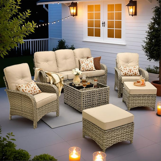 6-Piece Outdoor Patio Furniture Set with Glowing Coffee Table,All Weather Wicker Rattan Patio Seating Sofa and Chair Set with Ottomans,Outdoor Conversation Sets for Porch Deck Yard,Beige