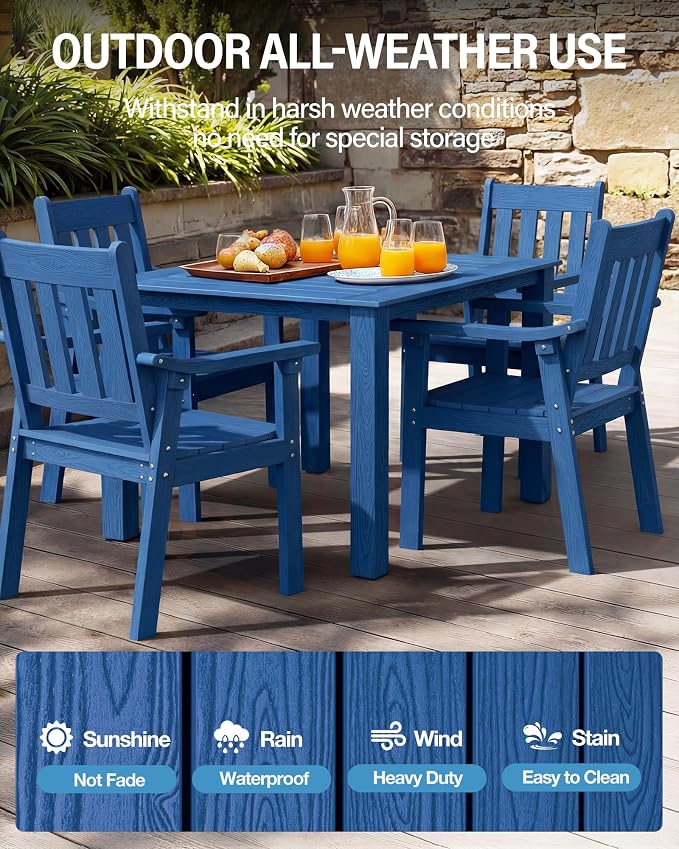 YEFU HIPS Patio Table Set: 5 Piece Outdoor Square Table and Chairs with Metal Aluminum Frame - Blue Modern Plastic Patio Dining Furniture Set 4 Person for Outside Deck