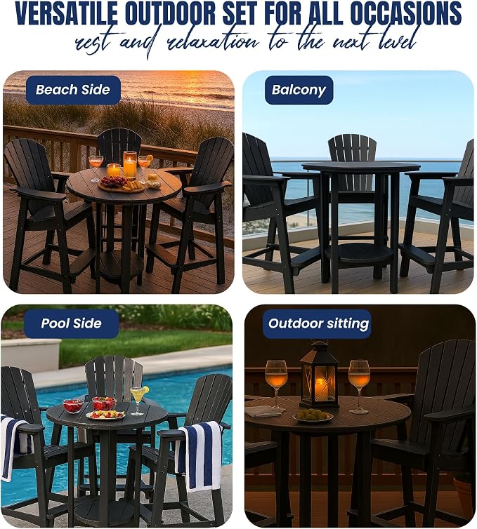 Phat Tommy Round Bar Height Patio Table - Outdoor Bar Table - Balcony Height Patio Furniture for Your Deck - Poly Outdoor Furniture, Black