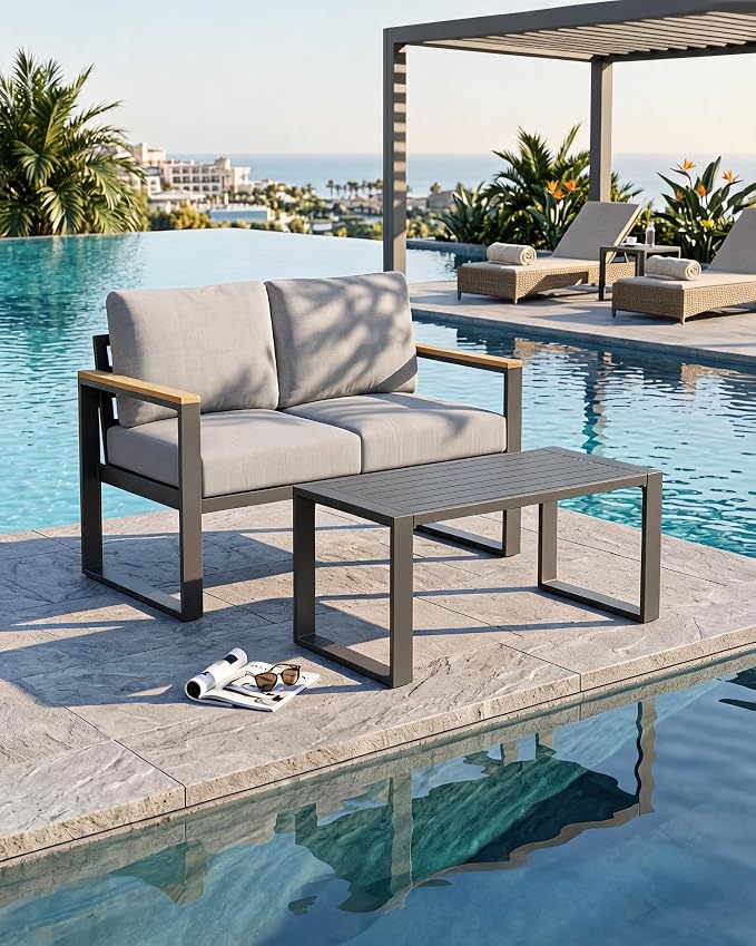 Modern Aluminum Patio Loveseat and Coffee Table Set - All-Weather Outdoor Furniture - Washable Thick Cushions - Rust Resistant, Easy Assembly - Comfortable for Balcony, Garden, Deck, Backyard - Gray