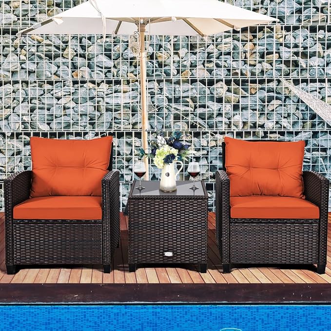 DORTALA Wicker Patio Furniture Set 3 Piece, Outdoor Table and Chairs with Tempered Glass Tabletop, Cushions, Small Rattan Conversation Sofa Set for Balcony, Porch, Backyard, Deck, Orange