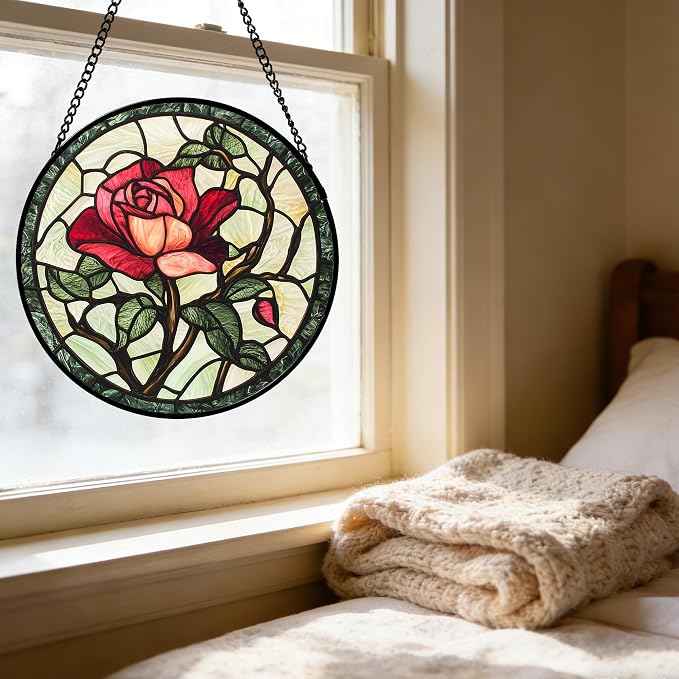 Stained Glass Window Hanging, Red Rose Flowers Sun Catcher for Door Garden Home Decor Suncatcher Christmas Mother's Day Birthday Gifts for Women Lovers Men Wife Girlfriend Mom Nana 6.3 in