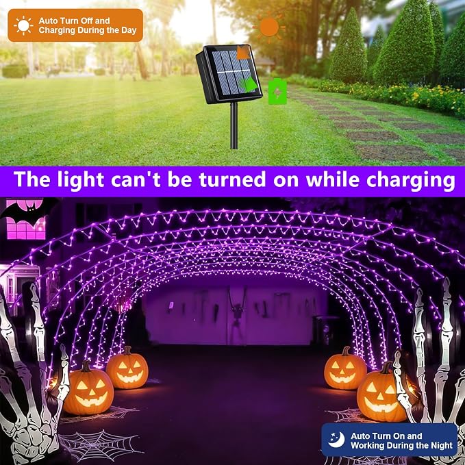 QITONG Purple Solar Halloween Lights, 66ft 200 LED Solar Rope Lights Outdoor, 8 Modes Fairy Lights in Clear Thin Tube