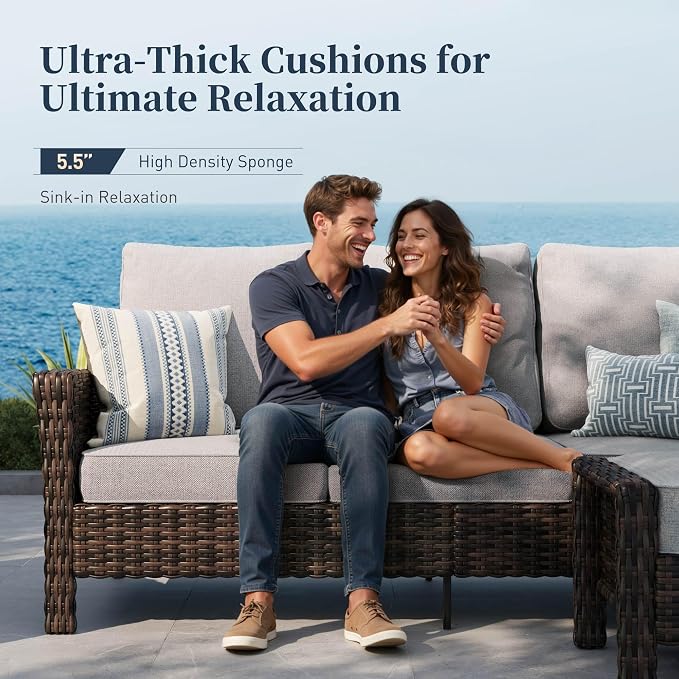 Patio Furniture Set with Swivel Chairs, High Back Wicker Rattan Furniture with 5.5" Thick Cushions & Fire Pit Table, All Weather Outdoor Conversation Set for Backyard Deck, 4 Seats, Grey