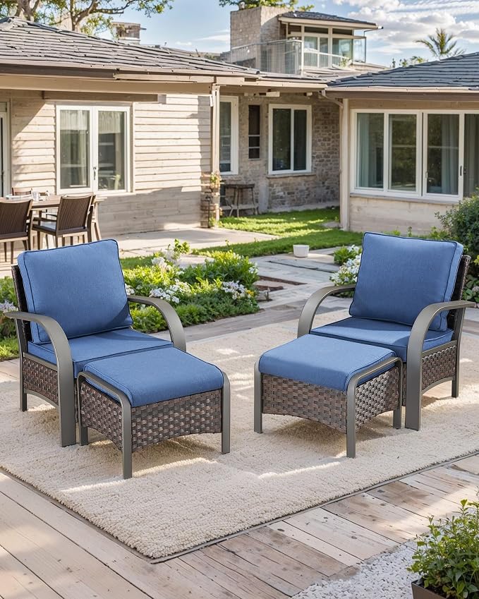 HUMMUH Outdoor Wicker Chairs Set of 2-All Weather Rattan Wicker Patio Chairs with Ottoman Small Outdoor Furniture Set for Deck Porch Garden Poolside Backyard-Brown/Blue
