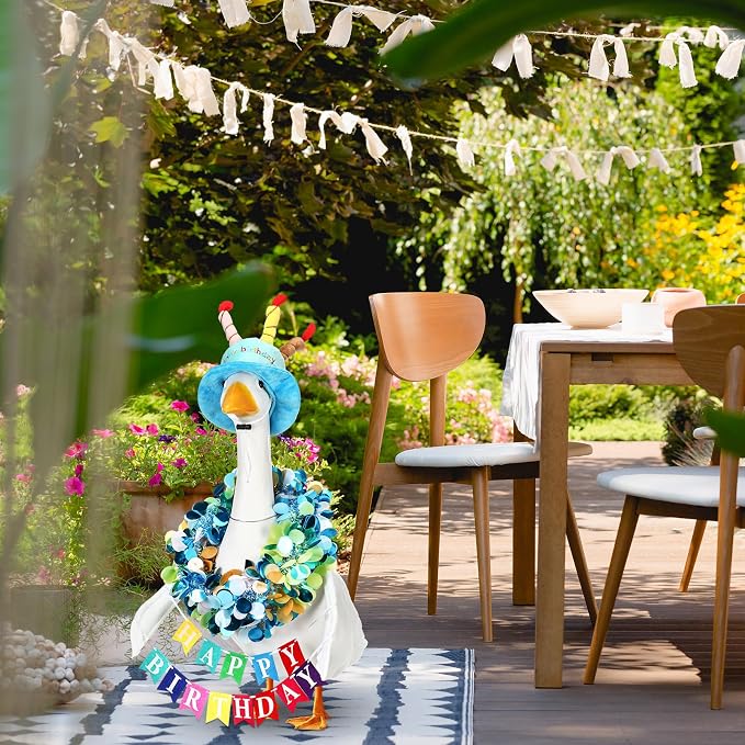 Abbylike 4 Pcs Happy Birthday Porch Goose Outfit for 23" Statues Poseable Porch Goose Wings Birthday Cake Hat for Lawn Patio Outdoor Geese Statue Decoration Accessories(Blue,Classic Style)
