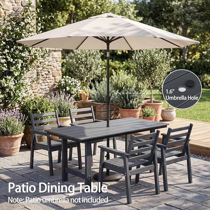 7-Piece Outdoor Dining Set, All-Weather HDPE Patio Furniture, 66.5" Slatted Table with 1.6" Umbrella Hole & 6 Ergonomic Armchairs, Heavy Duty 350lbs Capacity, UV Resistant, Gray