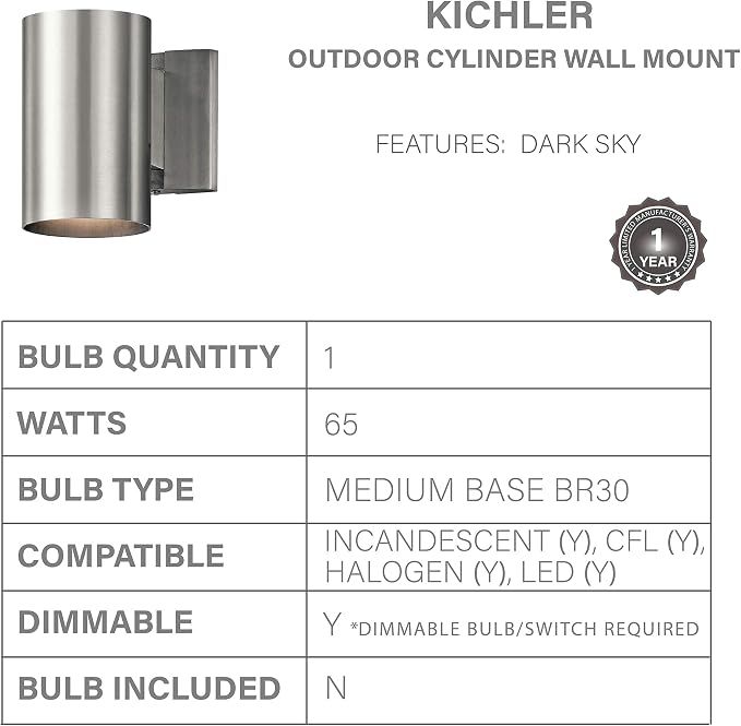 Kichler 9234BA Outdoor Cylinder Wall Mount Sconce DownLight, Brushed Aluminum 1-Light (5" W x 7" H) 65 Watts