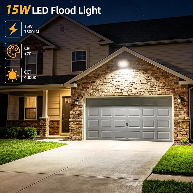 15W LED Outdoor Security Flood Lights 2 Pack,AC 120-277 Input | 100lm/W Efficacy,Super Bright LED Chips,7V×7H Beam Spread,180°Adjustable Knuckle Mount,IP65 Waterproof,4000K Color Temperatur