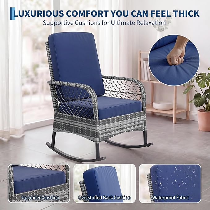 IDEALHOUSE 3 Piece Wicker Patio Rocking Chair Set, Outdoor Rattan Conversation Set with Coffee Table & Grey Cushions, All-Weather Bistro Furniture for Porch Garden and Balcony