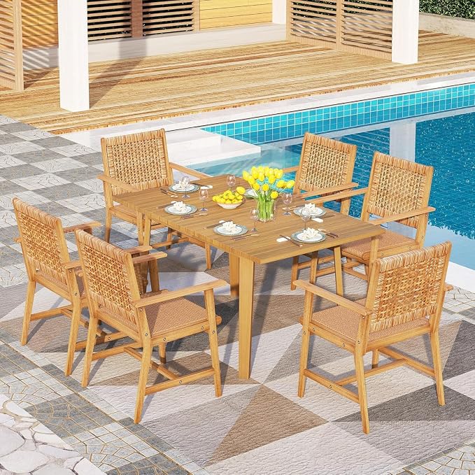 PHI VILLA Patio Dining Set,Acacia Wood Table and Rattan Chairs | PE Rattan chairs, Bright Brown, for Patio, Deck, Yard, Porch