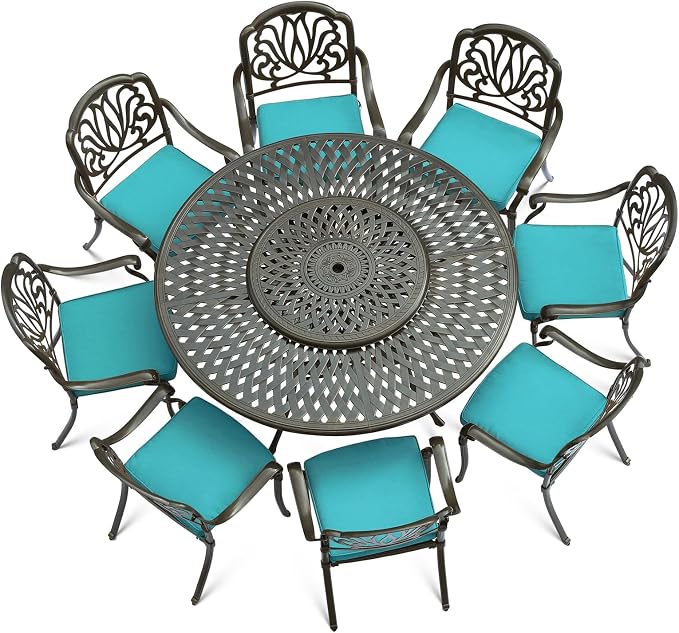 VIVIJASON 9-Piece Patio Furniture Dining Set, Rust-Free Cast Aluminum Outdoor Conversation Set, Include 8 Cushioned Chairs & 61" Round Dining Table with 31" Lazy Susan, Umbrella Hole, Ocean Blue