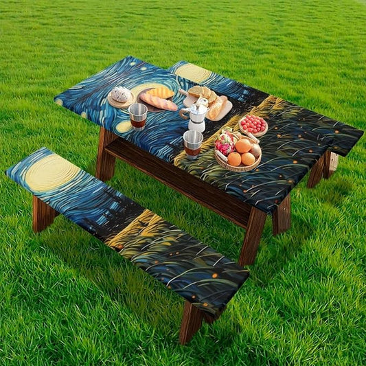 Van Gogh Starry Night Picnic Table Cover with Bench Covers Beach Camping Table Covers for 6 Foot Tables 3 Pcs Picnic Table Bench Covers Camping Essentials for Camper, 94x30 Inches