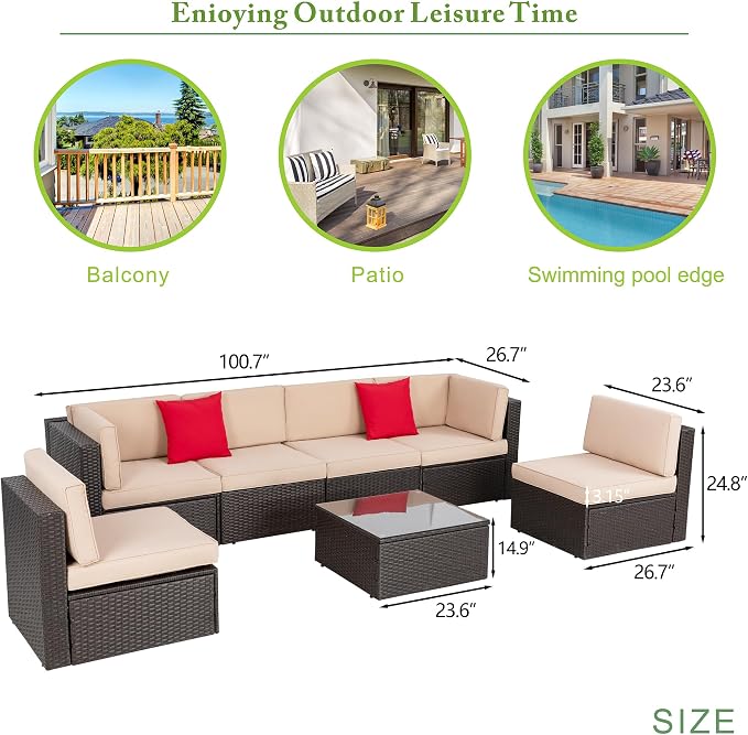 Vongrasig 7 Pieces Patio Furniture Sets, Outdoor Sectional Patio Sofa Set | All-Weather Patio Conversation Set PE Rattan Wicker Modular Couch with Coffee Table for Garden, Poolside, Backyard, Beige