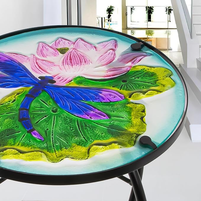 Lotus-Leaf Dragonfly Patio Table, Outdoor Side Table, Metal Glass End Table | WEIBEFEE; 10 Inch; for Porch Garden Yard Pool Living Room; Fade-resistant; Great gift choice; Decoration Gift