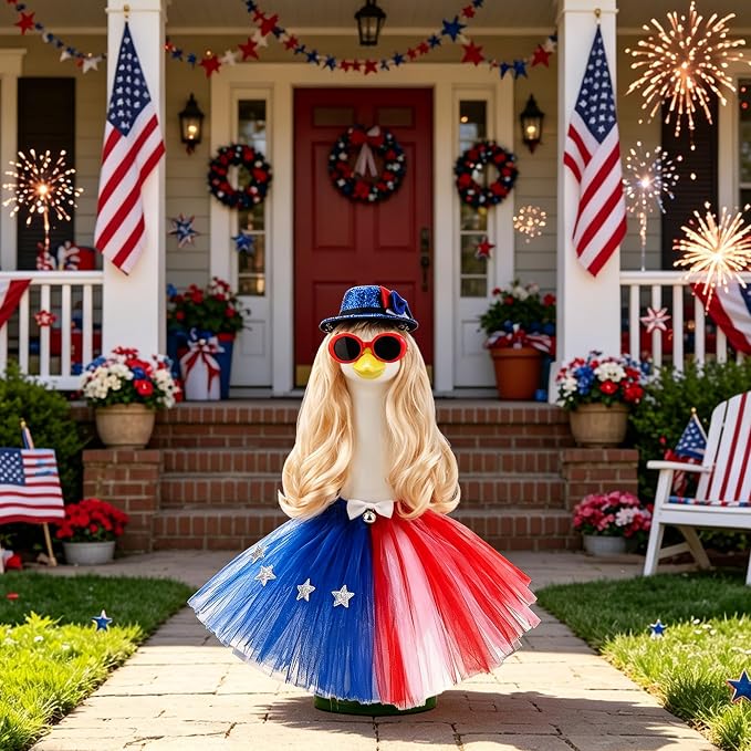 Porch Goose 4th of July Outfits 4 Pieces 4th of July Porch Goose Outfits with 1 Blonde Long Wigs Outdoor Decor for Lawn Goose Statues