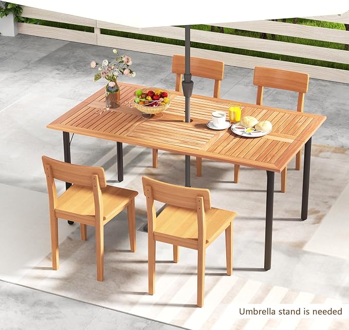 Patio Dining Table for 6 Persons, Acacia Wood Dining Table with 1.9" Umbrella Hole, Slat Tabletop & Metal Frame, Outdoor Dining Table Deck Furniture for Backyard & Lawn