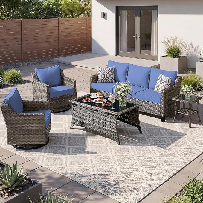 Luxury Patio Furniture sofa Set - 5 Pieces All Weather Wicker Outdoor Couch and High Back Swivel Rocker Patio Chairs with Glass coffee table for Deck Yard and Poolside Gray Wicker | Blue Cushions