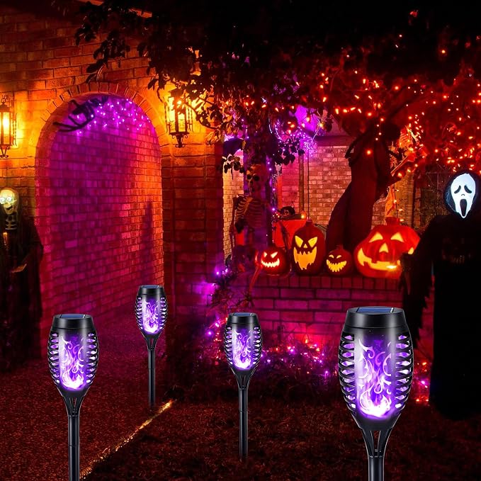 Toodour Solar Torch Flame Lights, 6 Pack Solar Lights Outdoor with Flickering Flame, Waterproof Solar Pathway Lights Landscape Decoration Lighting for Garden, Lawn, Yard, Outdoor Decor - Purple