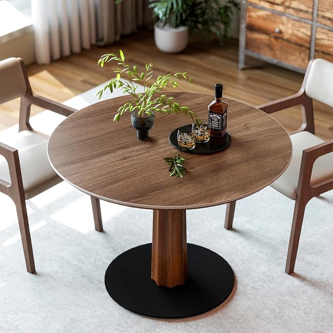 Table Top 35.4″ Round Walnut Sintered Stone - Heat Scratch Stain Resistant for Dining Office Bar Patio, Weatherproof Easy Clean
