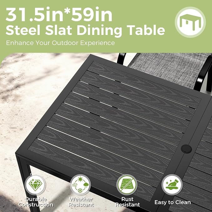 7-Piece Outdoor Dining Set, All Weather Patio Table and Chairs Set with Umbrella Hole for 6, Rectangular Steel Slat Table and 6 Textilene Chairs for Garden, Backyard, Poolside and Deck, Grey