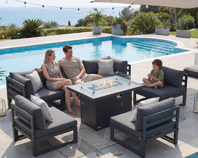 BULEXYARD 7 Pcs Modern Aluminum Patio Sectional Seating with Firepit Table, 500 lbs Heavy Duty Outdoor Furniture Set for Heavyweight, 29 inch Deep Wide Seating, Exterior Conversation Couch, Dark Gray