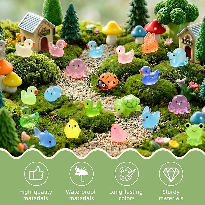 FEXIA 100PCS Glow in The Dark Mini Resin Animals 20 Cute Styles Tiny Figurines Colorful Ducks, Frogs, Turtles, Fishfor Fairy Garden, Dollhouse, Aquarium, DIY Crafts, Micro Landscape Party Decoration