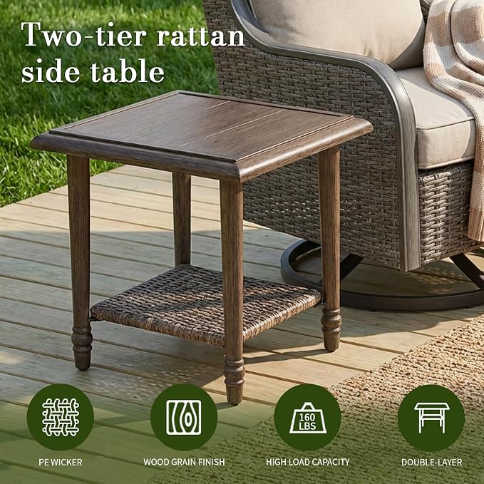 6-Piece Swivel Patio Furniture Set, 4 Outdoor Wicker Swivel Chairs with Coffee Table & Side Table, All-Weather Conversation Set for Porch Deck Backyard, Water-Resistant Cushions（6-PCS