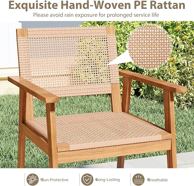 COSTWAY Outdoor Dining Set for 4, 5 Pieces Acacia Wood Table and Armchairs Set with Rattan Backrest and Seat, Adjustable Foot Pads for Patio, Backyard, Deck, Poolside