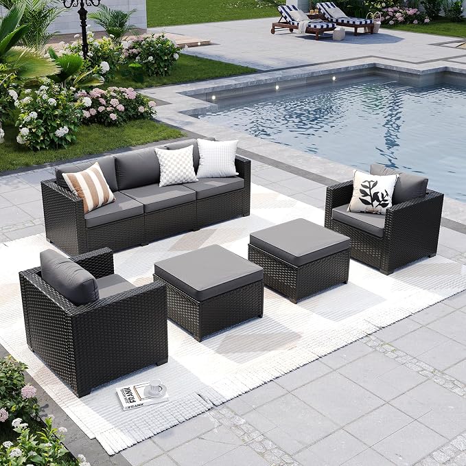 LazySunsets 5-Piece Outdoor Patio Furniture Set, Rattan Outdoor Sectional with Thick Waterproof Cushions, Wicker Ottomans & Waterproof Cover, Patio Conversation Set for Garden, Backyard, Grey
