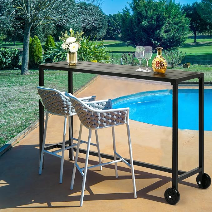 55" Outdoor Patio Bar Table,Rectangle Narrow Outdoor Counter Height Bar Table,Metal Patio Pub Bistro Cocktail Table,with Wheels,for Patio Garden Deck Yard Poolside Balcony (Black)