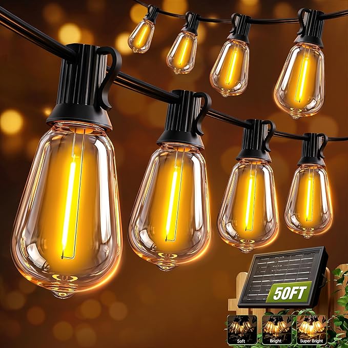 Solar String Lights Outdoor Waterproof Lights with Remote & Timer, LED Shatterproof ST38 Bulbs, USB & Solar Powered Patio Lights for Backyard, Porch, Garden, Wedding, Christmas Decor (50FT)