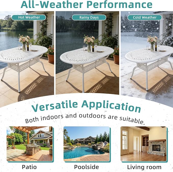 MEETWARM 84"x44" Cast Aluminum Patio Dining Table, Weather-Resistant Large Outdoor Dining Table for 8 Person, Patio Furniture Oval Table with Umbrella Hole and Adjustable Foot Pads, White