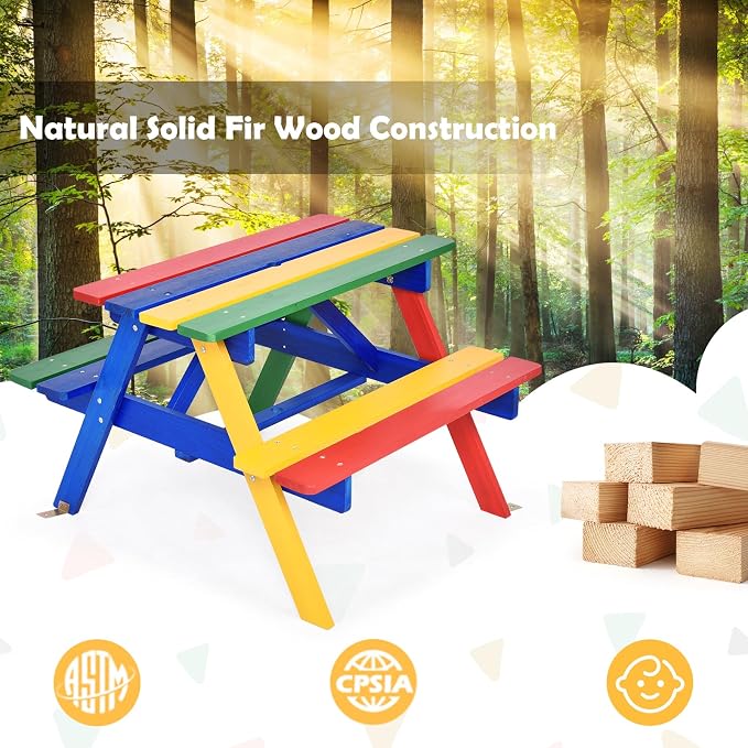 KOTEK Kids Picnic Table, Wooden Outdoor Table and Bench Set with Umbrella, Children Patio Furniture for Eating & Playing, Toddler Picnic Table for Backyard Garden, Gift for Boys Girls (Rainbow)