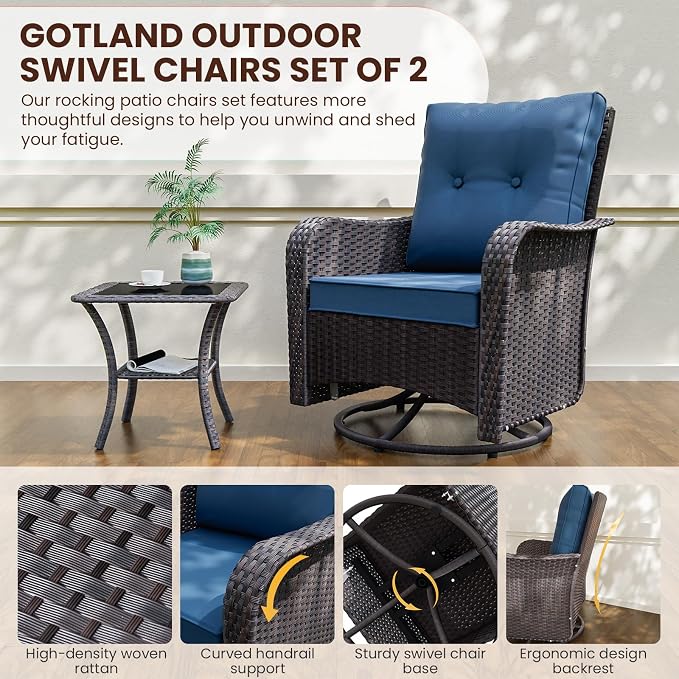 Gotland 11 Pieces Patio Furniture Set with Fire Pit Table Swivel Chairs, PE Rattan Outdoor Furniture with 29.5'' High Backrest 4’’ Thick Cushions, Outdoor Sectional for Porch, Deck, Garden, Navy