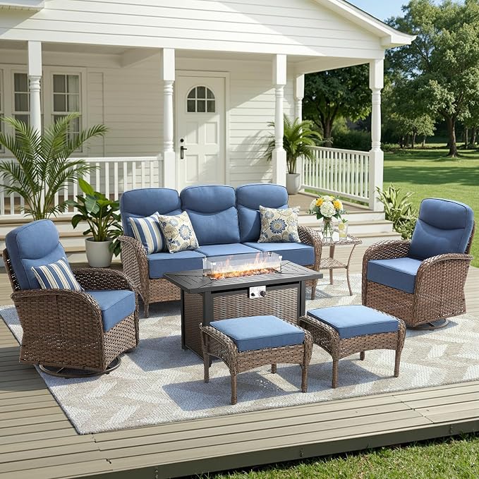Luxury Patio Furniture Set with 42.5" Fire Pit Table, 6-Inch Thick Cushions Wicker Outdoor Furniture with Wicker Swivel Patio Chairs Set of 2, Patio Conversation Set for Deck Garden Porch, Blue