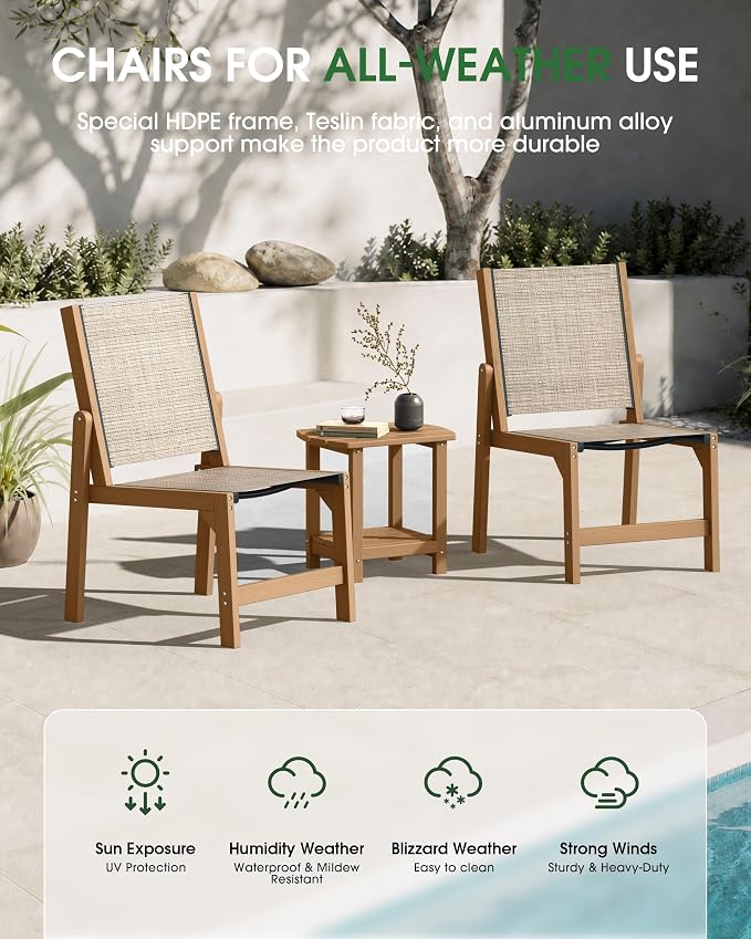 Patio Stackable Chair, HDPE Armless Outdoor Dining Chairs with Wide Seat, All-Weather Textilene Oversized Porch Chair for Garden, Poolside, Backyard, Deck | Teak